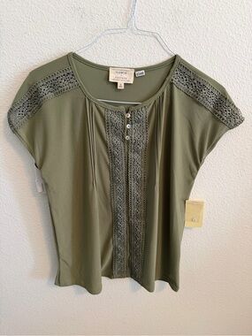 Olive Crochet-Trim Cap Sleeve Blouse